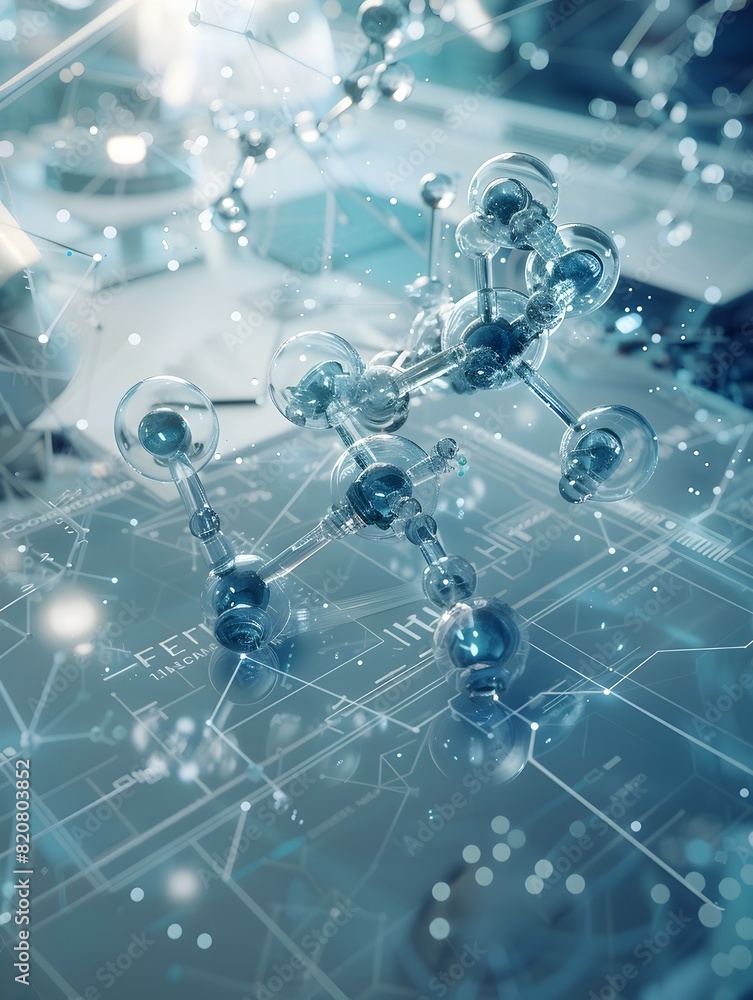 Poster d rendered exploded diagram of a complex organic compounds molecular structure in a retrofuturistic