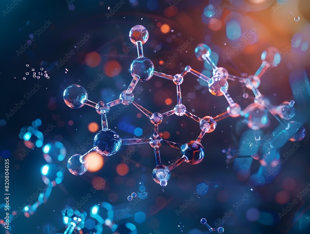 Poster exploded view of a complex organic compounds molecular structure in a holographic laboratory