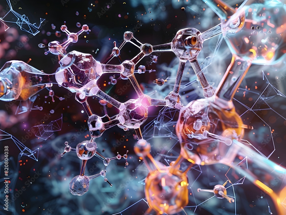 Poster exploded molecular structure of a complex organic compound in a holographic laboratory a