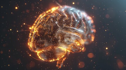 a modern high tech transparent 3d brain illustration with neural pathways glowing inside made out of tiny white particles
