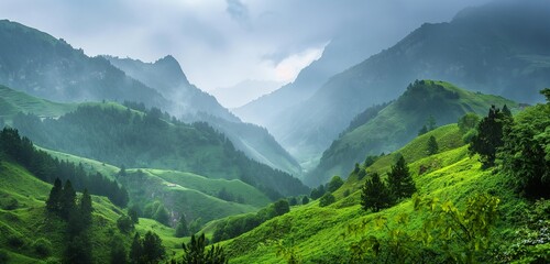 A mountainous landscape during the rainy season, with vibrant greens enhanced by the moisture and overcast sky. 32k, full ultra hd, high resolution