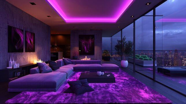 a modern living room has purple carpets and lots of lights, in the style of vray tracing