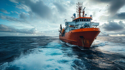 Engineer deploying fiber optic cables into the ocean from a large vessel