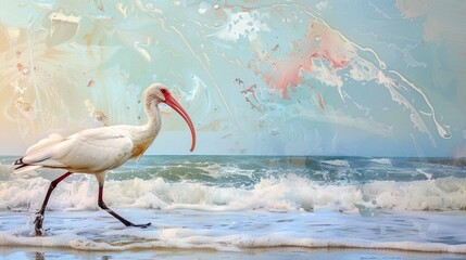 American white ibis walking along the shore