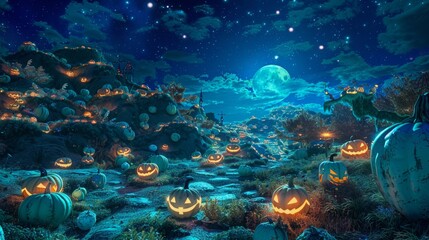 Fototapeta premium Enchanted Halloween Night: Moonlit Pumpkin Patch Under Starry Sky