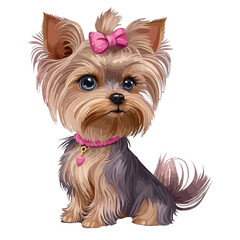 Adorable Yorkshire terrier with a pink bow isolated on a white background.