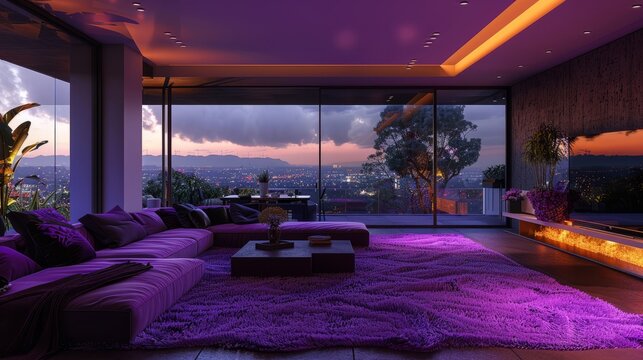 a modern living room has purple carpets and lots of lights, in the style of vray tracing