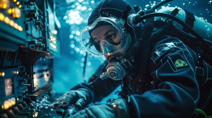 Engineer in diving gear inspecting underwater fiber optic cables, overlaid with control panel visuals