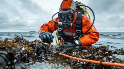 Engineer in diving gear placing fiber optic cables on the ocean bed