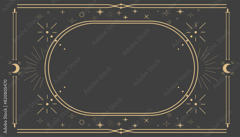 Wall mural golden celestial minimal esoteric frame, thin line border, mystyc linear decoration with dots, moon,