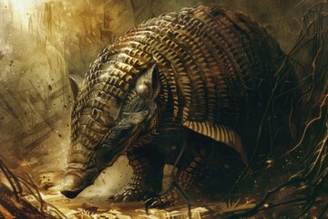 Obraz premium A large armadillo walking through a forest. Suitable for nature and wildlife themes