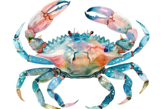 A detailed watercolor painting of a crab on a white background. Suitable for marine themes or seafood concepts