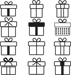 Set of Gift boxes with ribbon icons in Black line styles. Gift wrapping, Surprising gift boxes simple trendy symbols signs with editable stock for apps and websites isolated on transparent background.