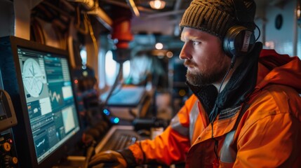 Engineer monitoring underwater cable installations using a computer on a ship
