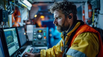 Obraz premium Engineer monitoring underwater cable installations using a computer on a ship