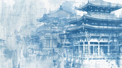 Traditional Asian Architecture Blueprint Overlay Concept
