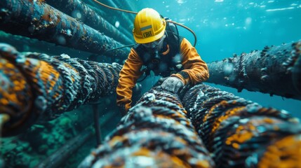 Engineer supervising underwater fiber optic cable installation, combined with oceanic cable paths