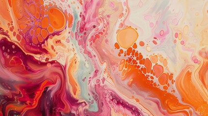 An abstract painting with pink and orange swirls