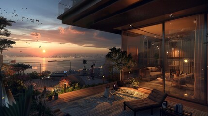 A photography of apartment at istanbul , dark and warm atmosphere, 8 floor, sunset and sea view