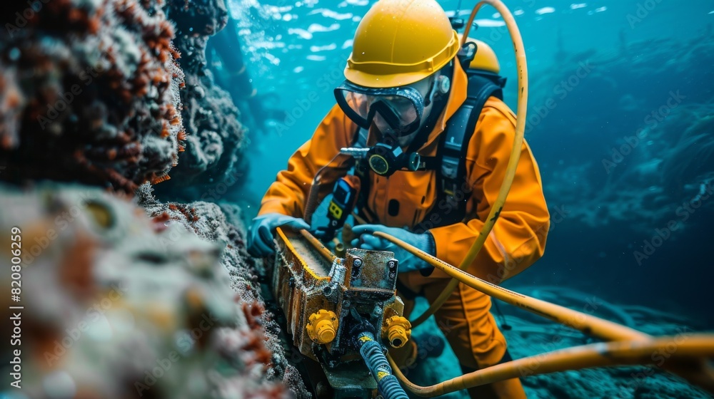 Wall mural Engineer using advanced equipment to lay fiber optic cables underwater