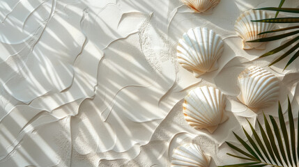 white texture background with shells and plants, plaster figures, bas-relief, architecture, wallpaper, wall, design, decor, interior, apartment, waves, marine style, place for text, layout, blank
