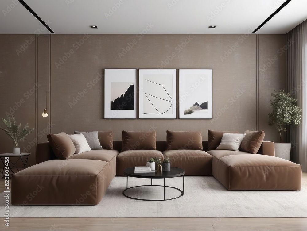 Wall mural Modern Living Room Design With U Shaped Brown Sofa Set - Wall murals