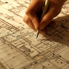 person drawing on an architectural plan