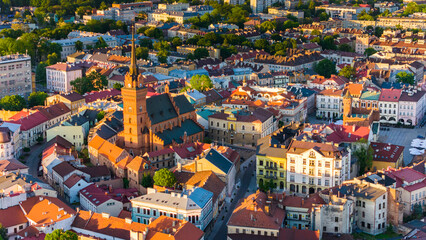 Aerial drone view of Tarnow townscape , Poland. Cathedral church of  of Holy Family.