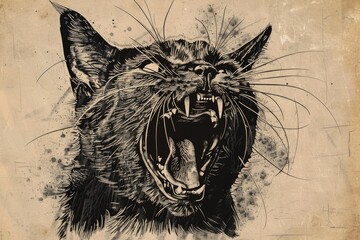 Detailed drawing of a cat with its mouth open, suitable for various design projects