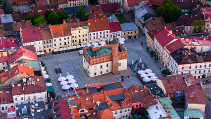 Aerial drone view of Tarnow townscape , Poland. Market Square Town Hall.