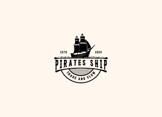 Vector illustration of Old Pirate Ship or Classic Merchant Sailing Vessel Boat on ocean sea waves for vintage nautical label logo