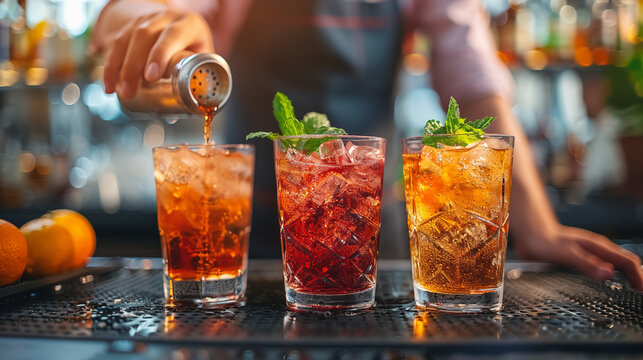 Bartender hand pouring vibrant cocktails in fancy glasses garnished with mint leaves. Concept of mixology, bar culture.