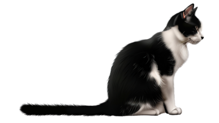 Black and white cat sitting on a transparent background