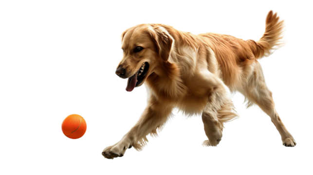 Adorable golden retriever playing with a ball on a transparent background
