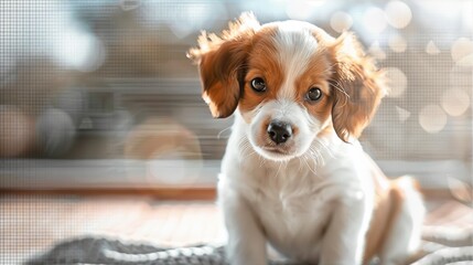 Cute puppy sitting and looking at the camera on a transparent background
