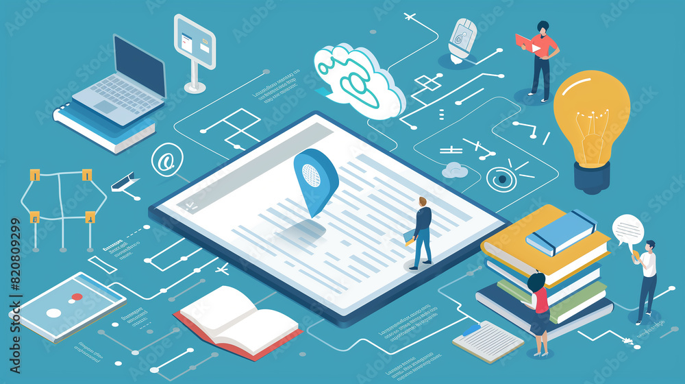 Poster a blue background with a tablet and a laptop on it. a person is standing in front of a stack of book