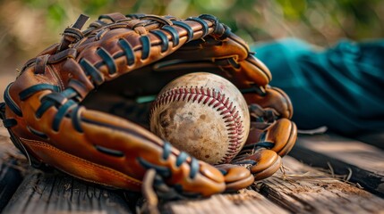 Close-up of baseball glove and a ball with leather texture and stitches. Summer active team sports