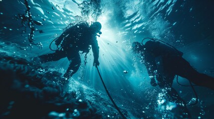 High-quality image of engineers deploying fiber optic cables underwater, overlaid with marine scenes