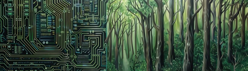 The image is a digital painting of a forest