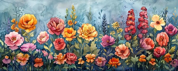 The image shows a colorful garden of flowers in full bloom