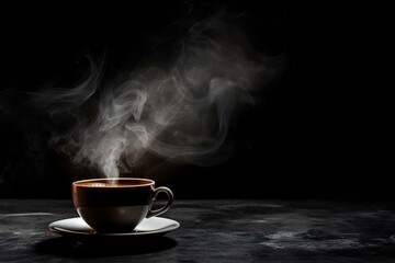 Coffee mug with steam from boiling water. Cup of hot coffee on the table, dark background. Concept: aroma of tea and coffee.