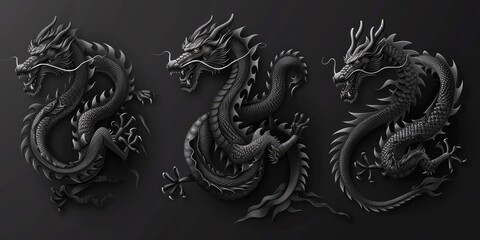 Three black dragon sculptures on a black background. Perfect for fantasy themes