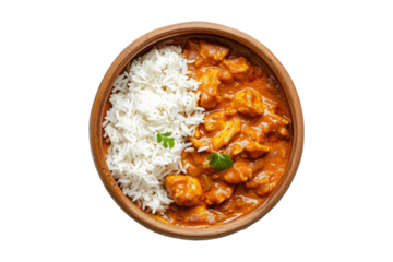 Tikka masala curry chicken served over rice in bowl isolated on white background. Traditional Indian food