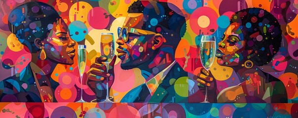 Fototapeta premium Laughter and smiles, Black business people celebrating with champagne in luxurious bar