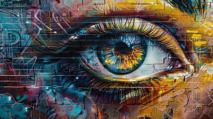 Fototapeta premium Close-up of a beautifully detailed eye in street art on a brick wall, showcasing the vibrant legacy and tradition of this art form
