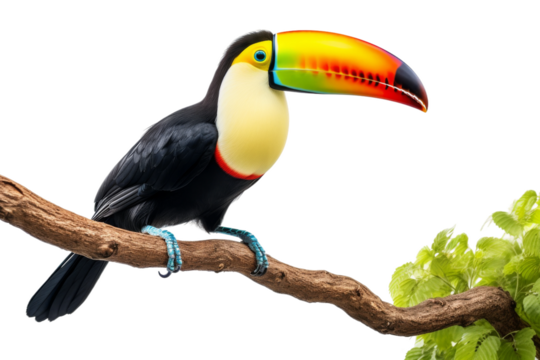 Majestic Toucan Perched on Pristine Branch on a White or Clear Surface PNG Transparent Background.