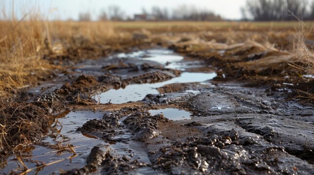 Contaminated soil with visible oil patches in a rural farmland setting