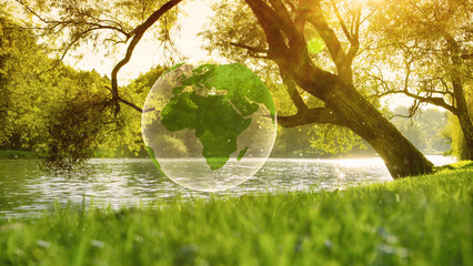 Beautiful sunny river park landscape nature with illustrated ecology green Earth planet background....