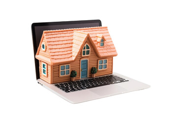Digital Haven: A Laptop Hosting a Tiny House on a White or Clear Surface PNG Transparent Background.