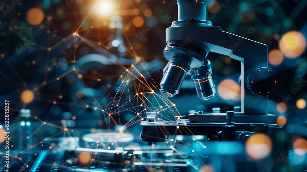 Poster a microscope is shown with a blue background and a lot of lines. the microscope is the main focus of